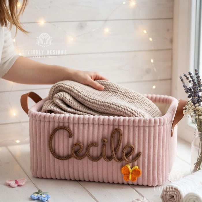 Custom Toy Basket with Yarn Name, Plush Kids Storage Bin, Christmas Gift