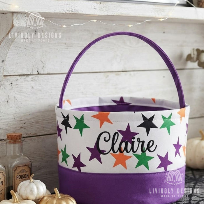 Personalized Stitched Name Candy Collector, Custom Fabric Halloween Pail in 7 Fun Prints