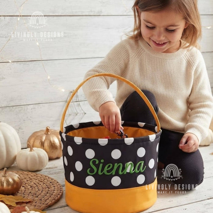 Personalized Stitched Name Candy Collector, Custom Fabric Halloween Pail in 7 Fun Prints