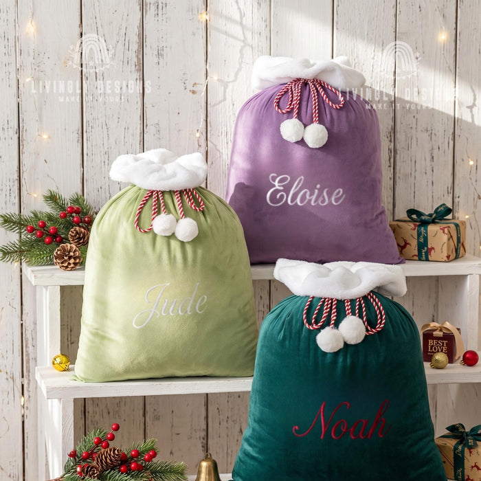 Custom Name Plush Velvet Present Bag with Pom Pom Drawstring