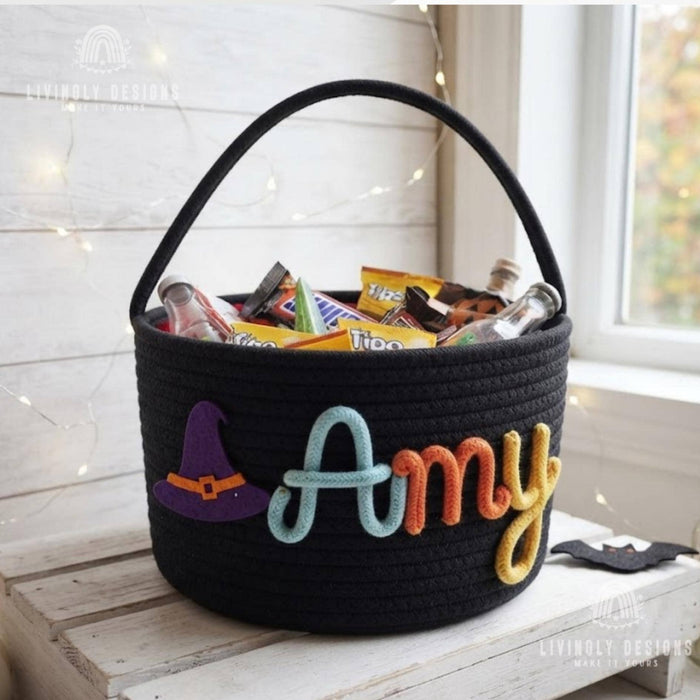 Custom Name Halloween Bucket, Rope Trick or Treat Bag, Kids Costume Basket
