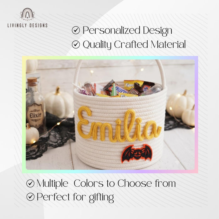 Custom Name Halloween Bucket, Rope Trick or Treat Bag, Kids Costume Basket