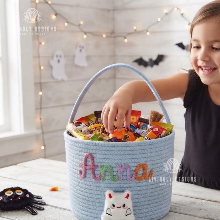Custom Name Halloween Bucket, Rope Trick or Treat Bag, Kids Costume Basket