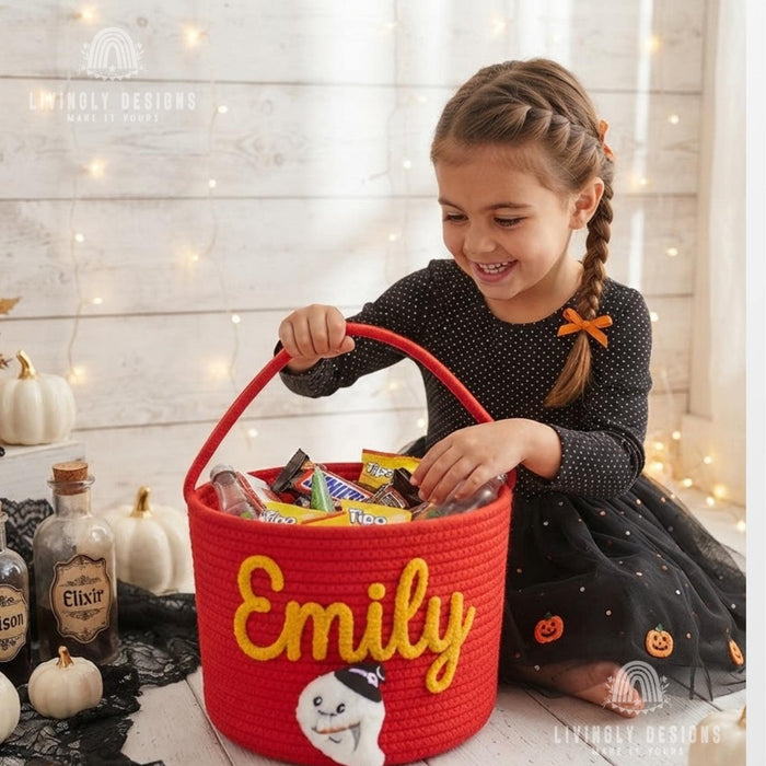 Custom Name Halloween Bucket, Rope Trick or Treat Bag, Kids Costume Basket
