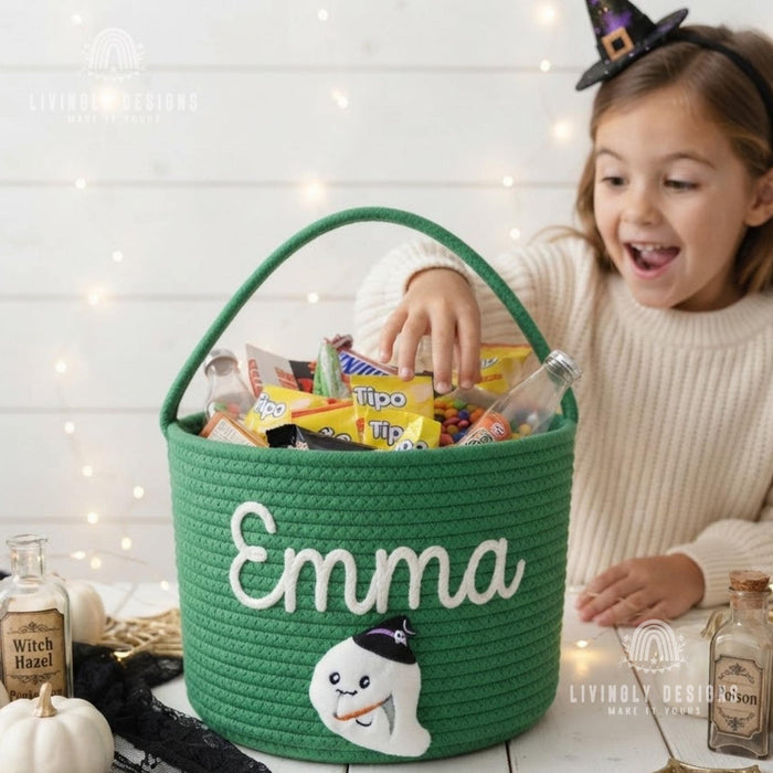 Custom Name Halloween Bucket, Rope Trick or Treat Bag, Kids Costume Basket