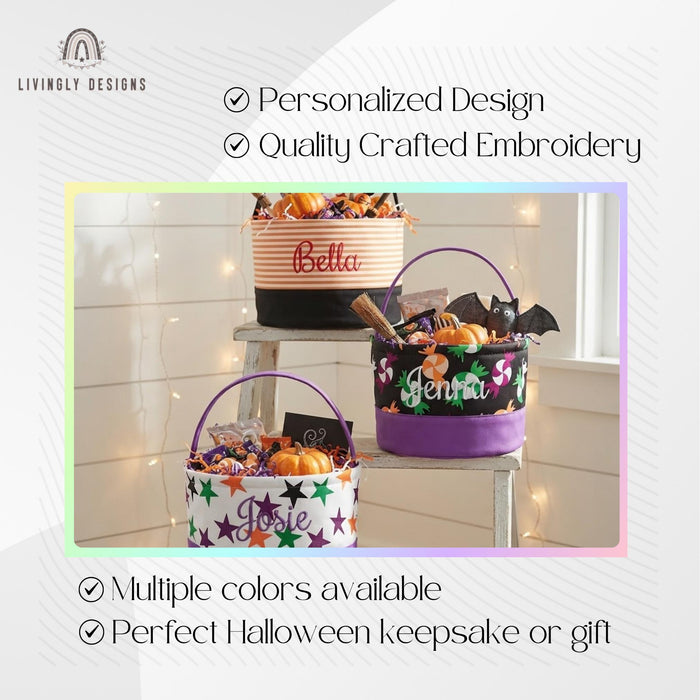 Personalized Stitched Name Candy Collector, Custom Fabric Halloween Pail in 7 Fun Prints