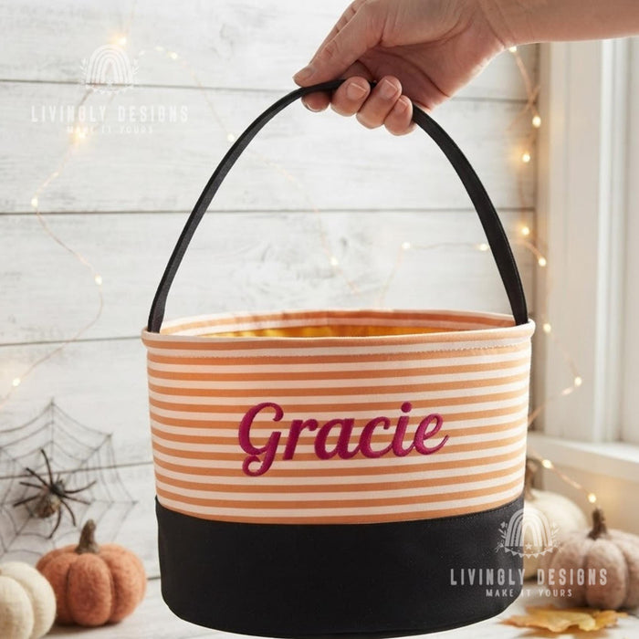 Custom Name Trick or Treat Pail, Personalized Embroidered Halloween Treat Bag for Girls and Boys