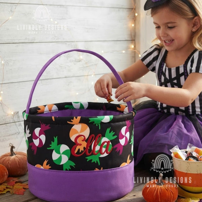 Custom Name Trick or Treat Pail, Personalized Embroidered Halloween Treat Bag for Girls and Boys