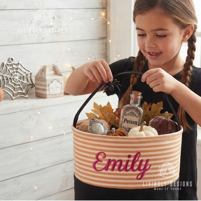 Personalized Stitched Name Candy Collector, Custom Fabric Halloween Pail in 7 Fun Prints