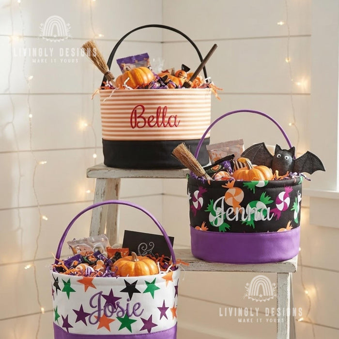 Custom Name Trick or Treat Pail, Personalized Embroidered Halloween Treat Bag for Girls and Boys