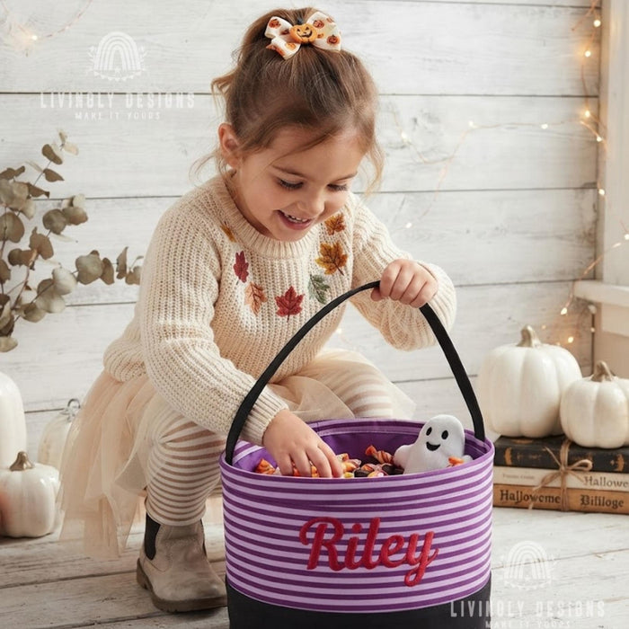 Personalized Stitched Name Candy Collector, Custom Fabric Halloween Pail in 7 Fun Prints