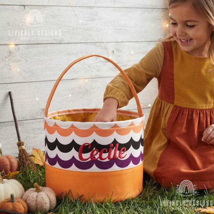 Personalized Stitched Name Candy Collector, Custom Fabric Halloween Pail in 7 Fun Prints
