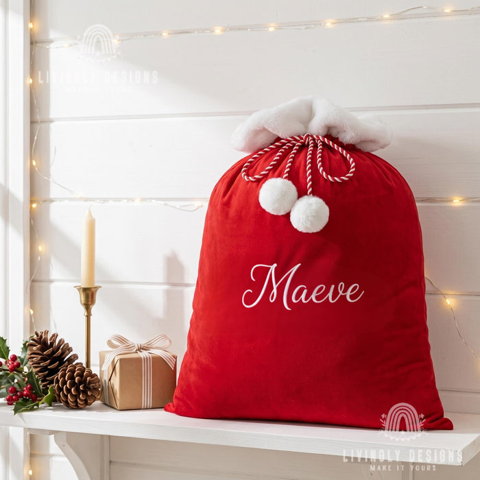Custom Name Velvet Santa Bag, Large Christmas Sack for Kids Gifts, Festive Decor
