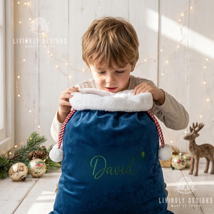 Custom Name Velvet Santa Bag, Large Christmas Sack for Kids Gifts, Festive Decor