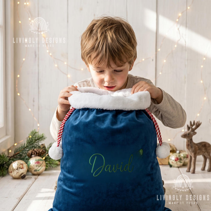 Custom Name Plush Velvet Present Bag with Pom Pom Drawstring