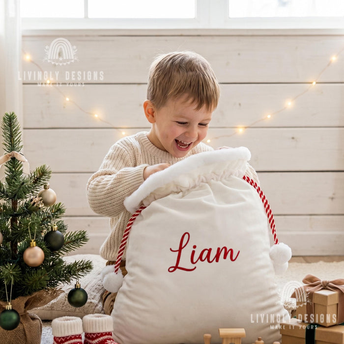 Custom Name Velvet Santa Bag, Large Christmas Sack for Kids Gifts, Festive Decor