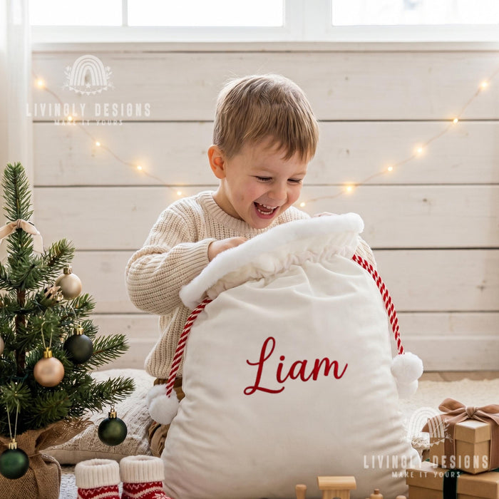 Custom Name Plush Velvet Present Bag with Pom Pom Drawstring