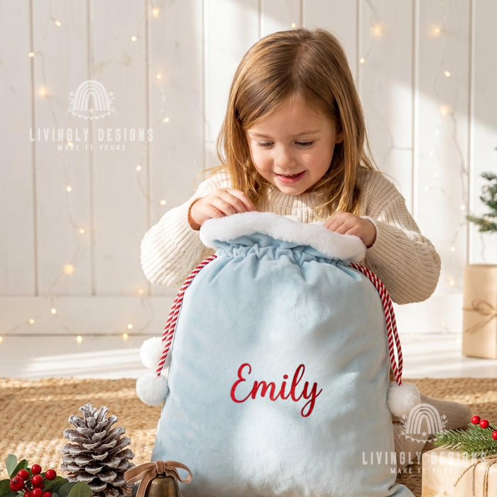 Custom Name Plush Velvet Present Bag with Pom Pom Drawstring