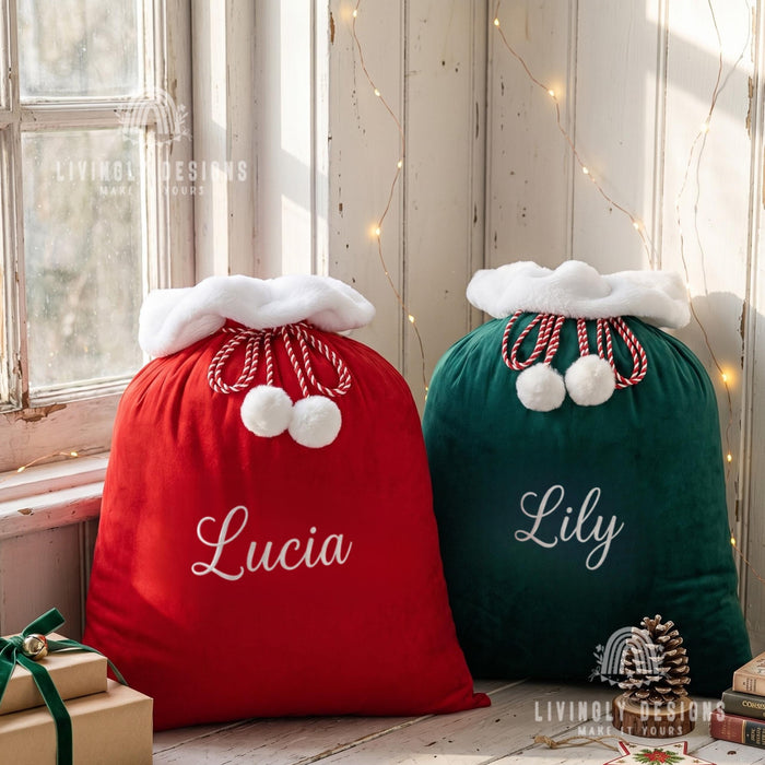 Custom Name Velvet Santa Bag, Large Christmas Sack for Kids Gifts, Festive Decor