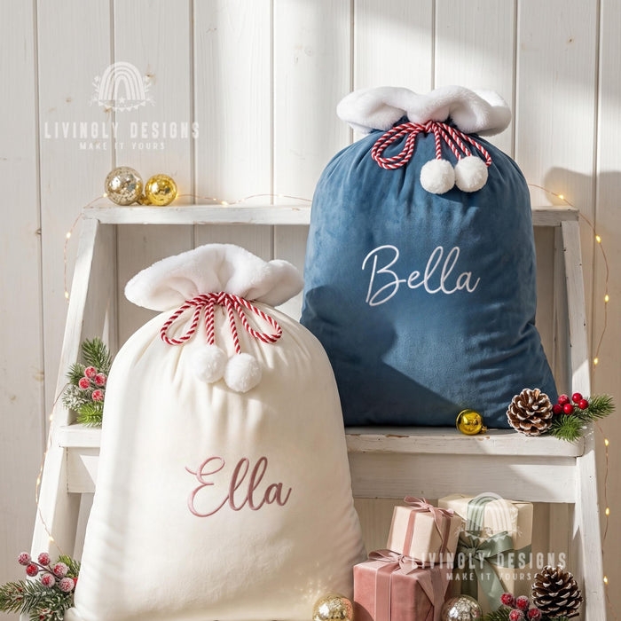 Custom Name Velvet Santa Bag, Large Christmas Sack for Kids Gifts, Festive Decor