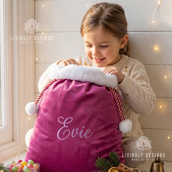 Custom Name Plush Velvet Present Bag with Pom Pom Drawstring