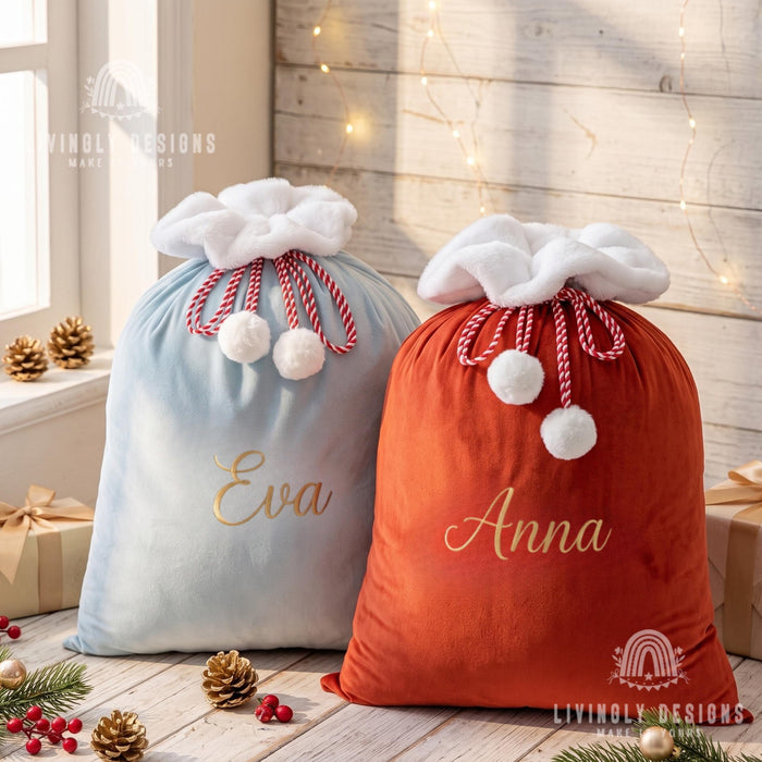 Custom Name Velvet Santa Bag, Large Christmas Sack for Kids Gifts, Festive Decor