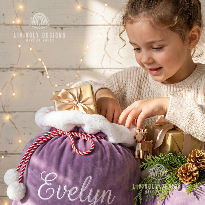Custom Name Plush Velvet Present Bag with Pom Pom Drawstring