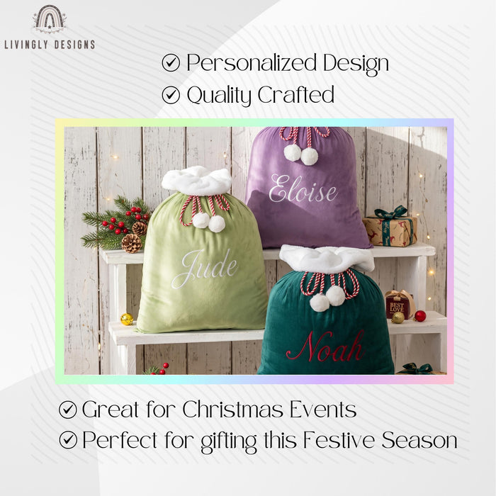 Custom Name Plush Velvet Present Bag with Pom Pom Drawstring