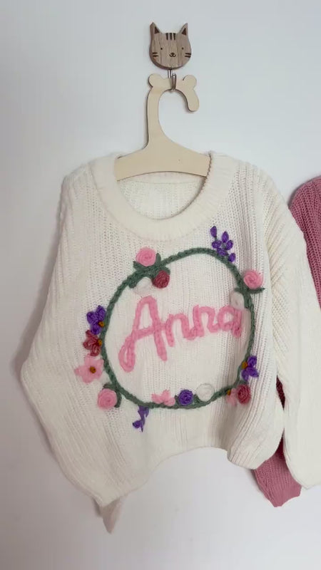 Floral Wreath Personalised Name Baby Sweater Jumper | Hand Embroidered Jumper | Custom Baby Sweater | Baby Toddler Sweater | Baby Gift